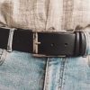 black leather mens belt with silver buckle and personalization option