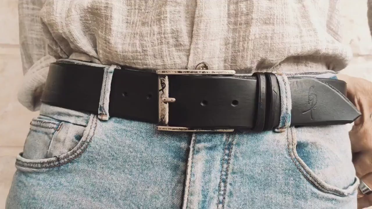 black leather mens belt with silver buckle and personalization option