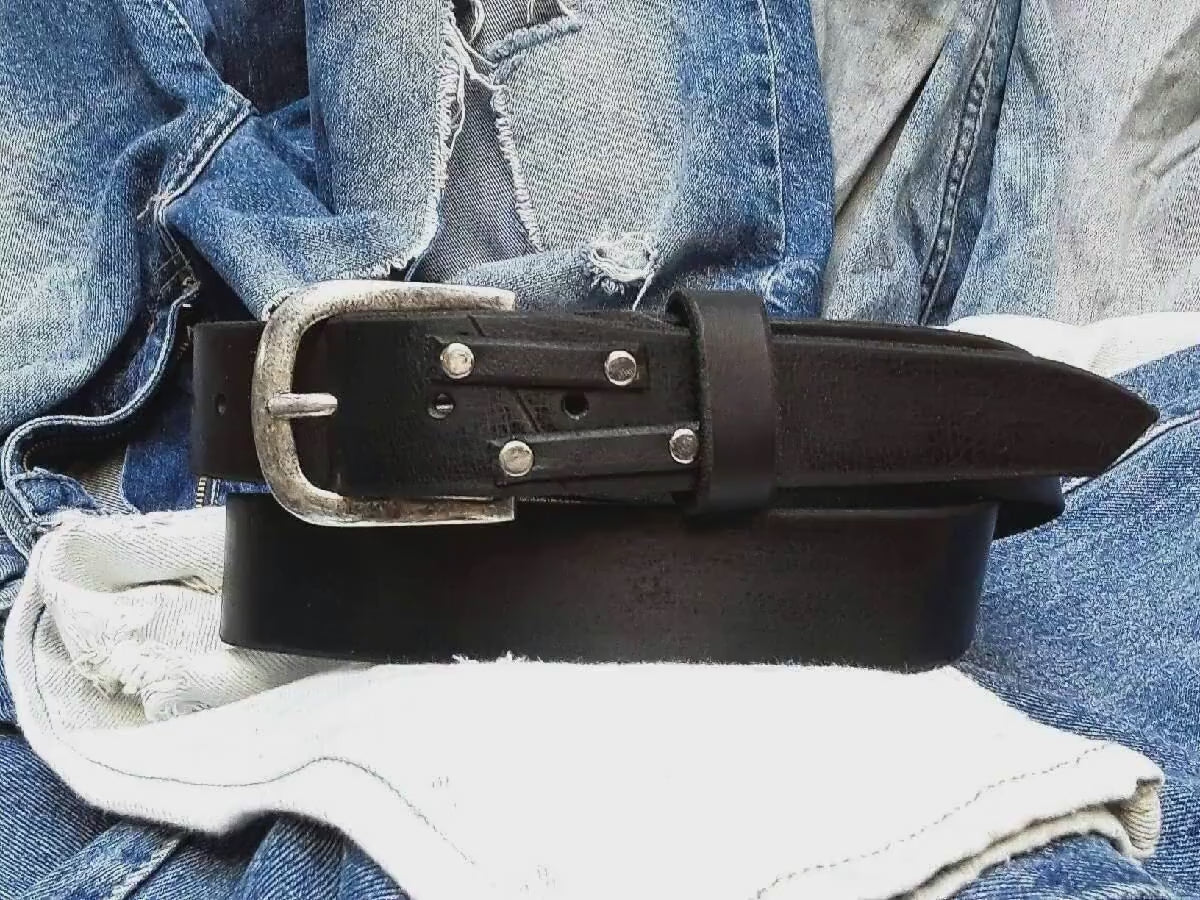 rustic style mens belt with unique leather black wide buckle for artisan design accessories