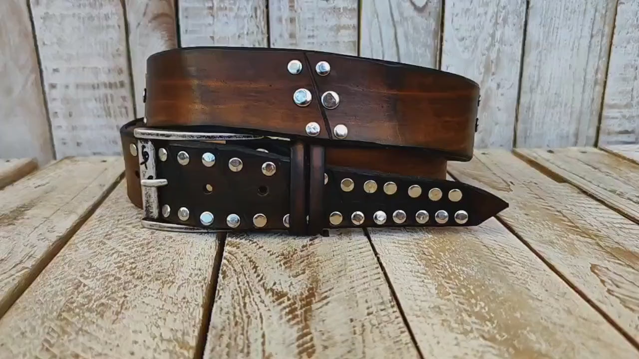 brown leather rodeo rock belt handcrafted with silver buckle mens accessory
