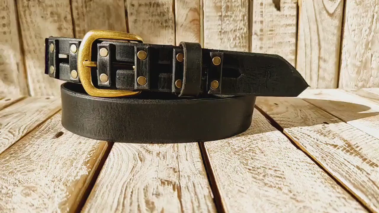 handcrafted original black leather studded belt (3.6cm width) with bronze buckle