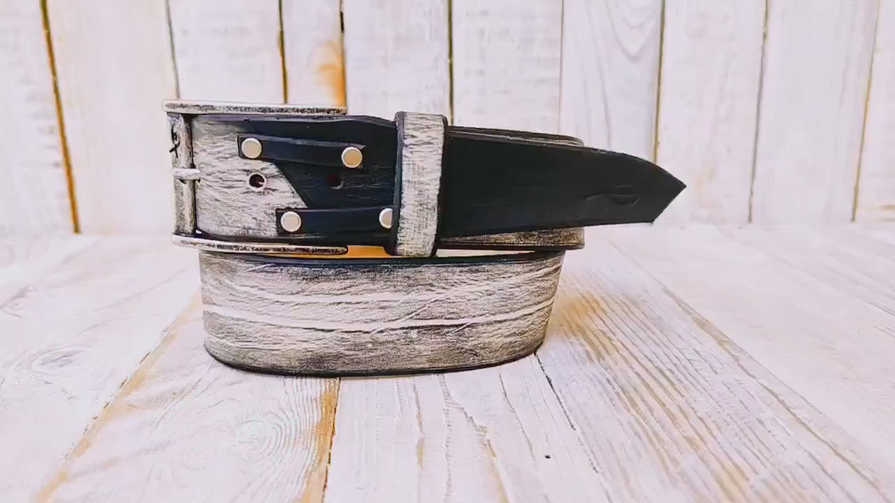 handmade white leather belt with black wash unique double strap design ishaor