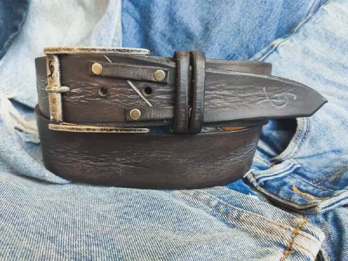 western style leather belt in dark brown with gray wash and buckle by ishaor perfect for mens jeans