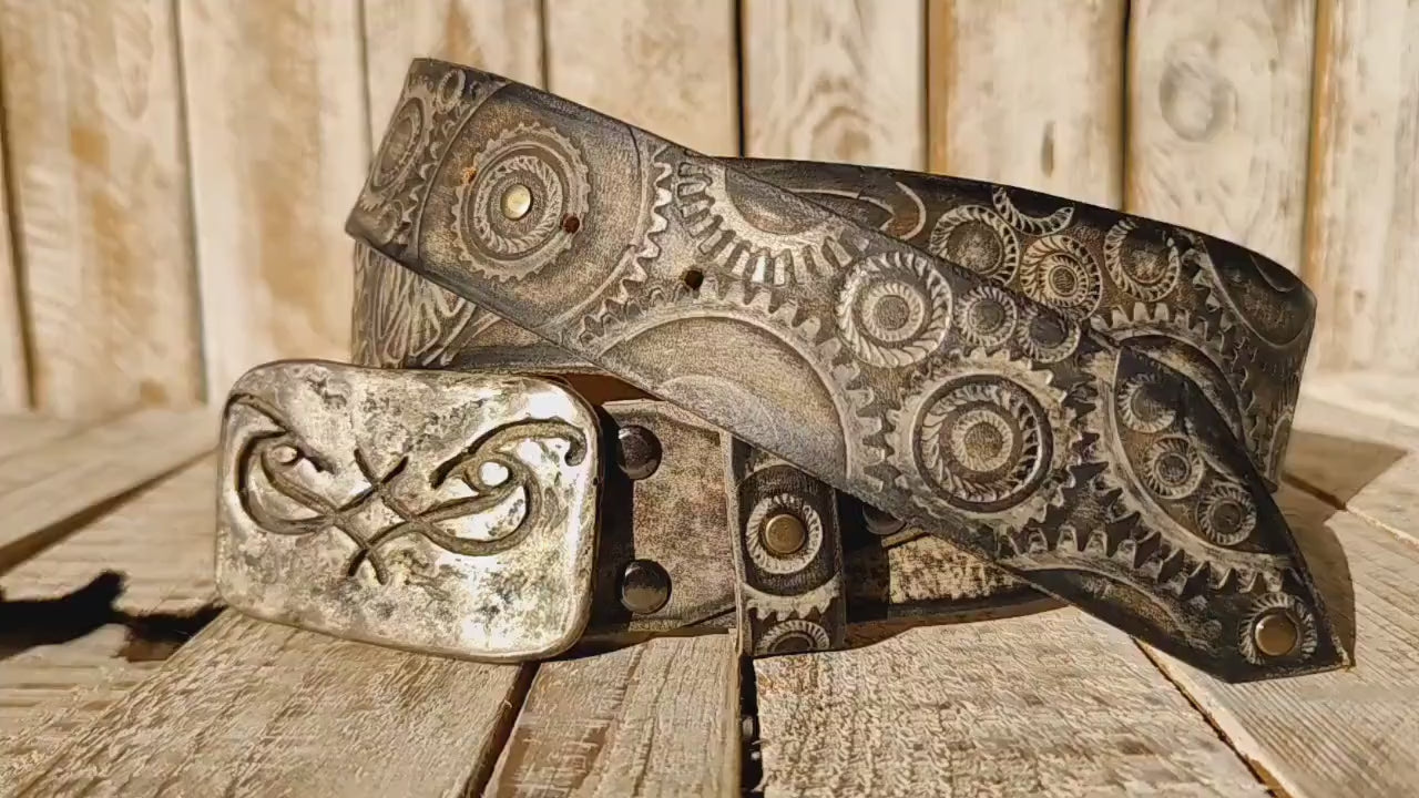 unique motorcycle gear buckle leather belt in vintage style