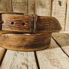 ishaor vintage brown leather cowboy belt, handmade 4.2cm western style. high quality distressed leather