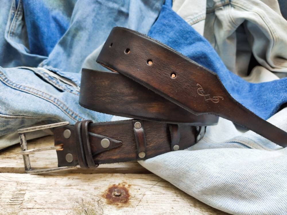 unique dark brown handmade leather belt gift for him