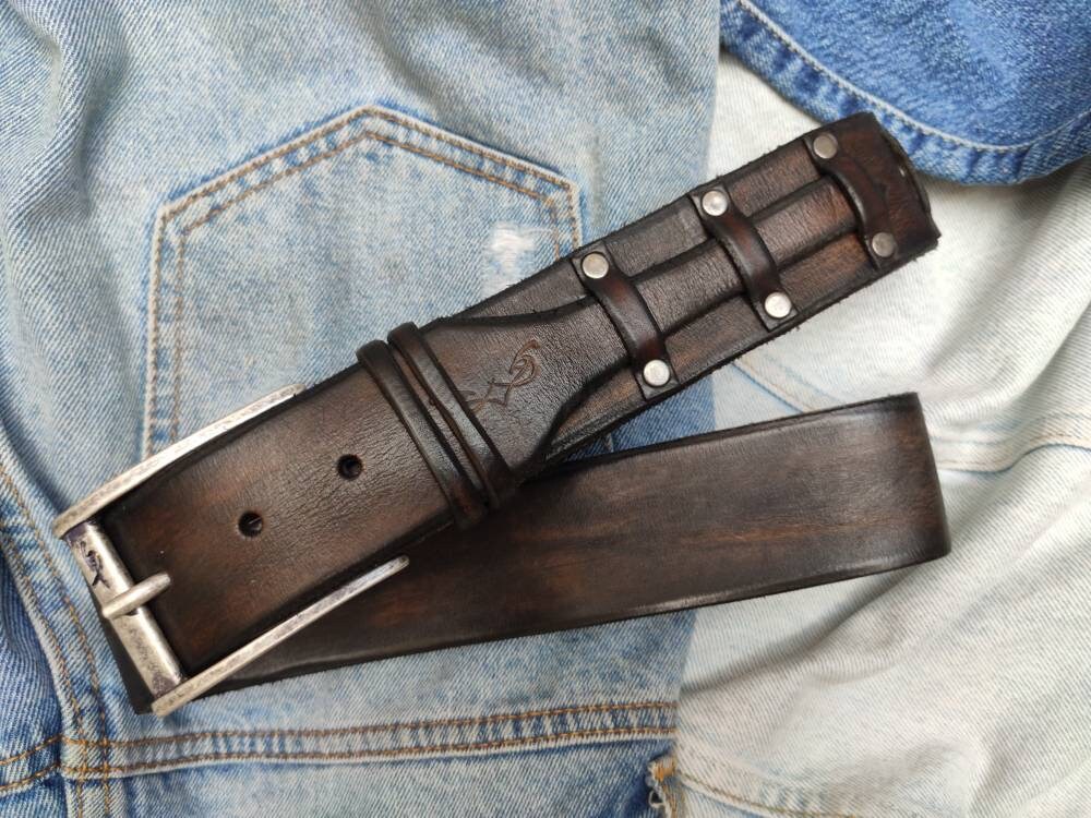 unique dark brown handmade leather belt gift for him