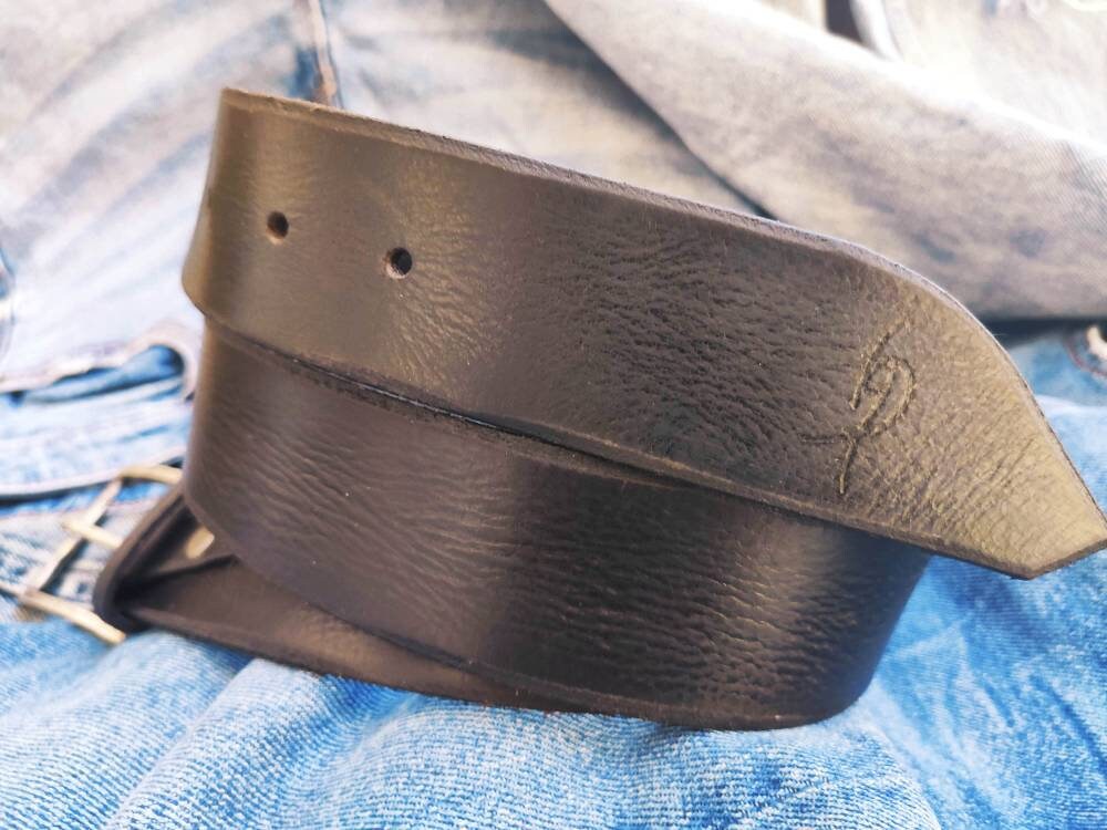 black leather mens belt with silver buckle and personalization option