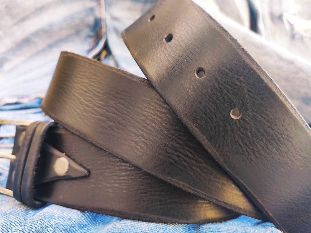 black leather mens belt with silver buckle and personalization option