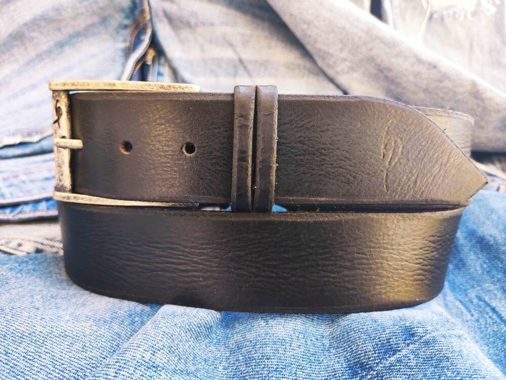 black leather mens belt with silver buckle and personalization option