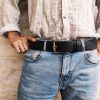 black leather mens belt with silver buckle and personalization option