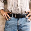 black leather mens belt with silver buckle and personalization option