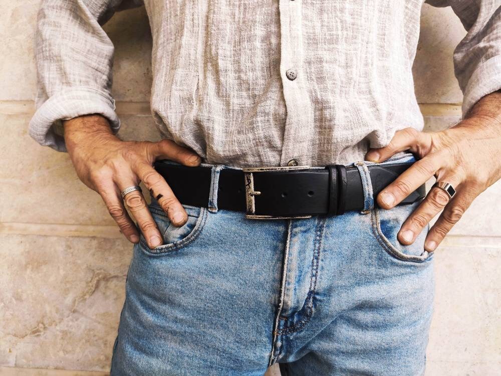 black leather mens belt with silver buckle and personalization option