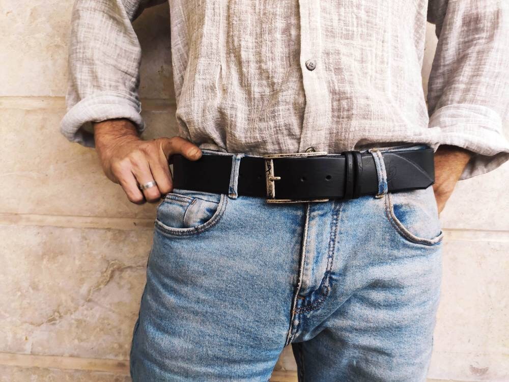 black leather mens belt with silver buckle and personalization option