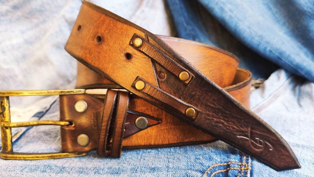 handmade brown leather men's belt cowboy fashion customizable