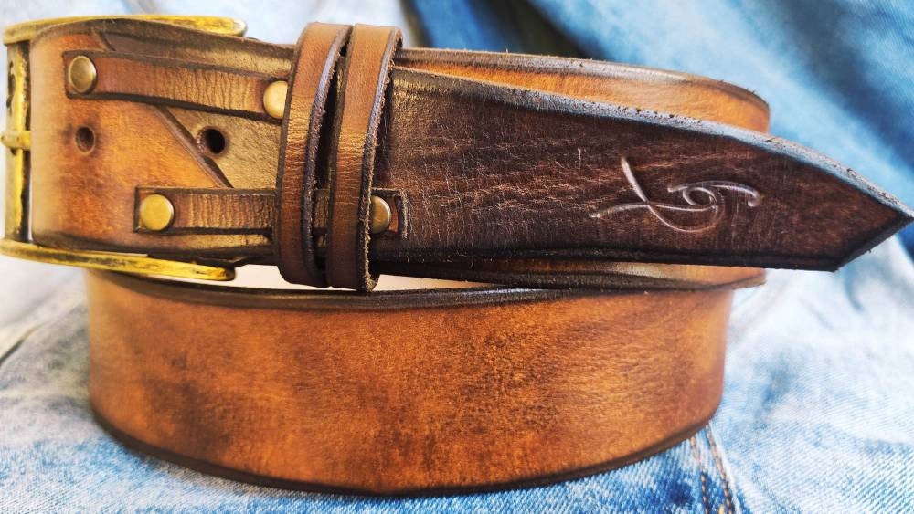 handmade brown leather men's belt cowboy fashion customizable