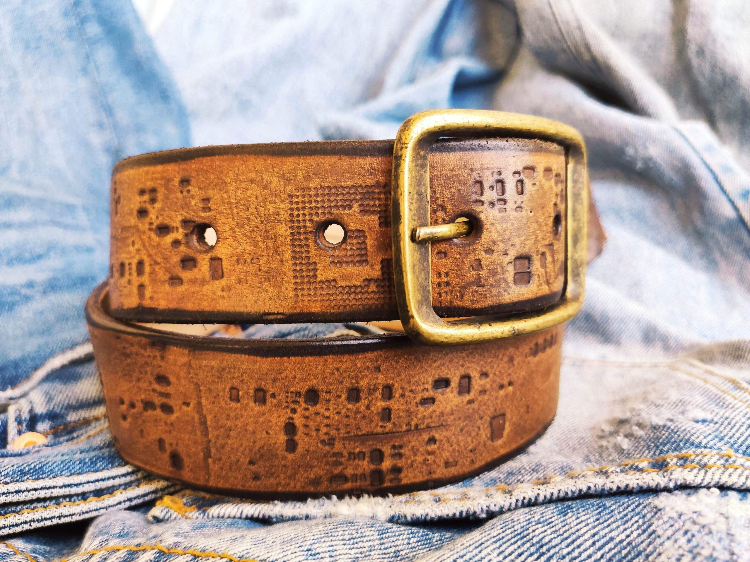 western style brown leather belt with unique design personalized gift for him and her electronic stamp perfect for any occasion