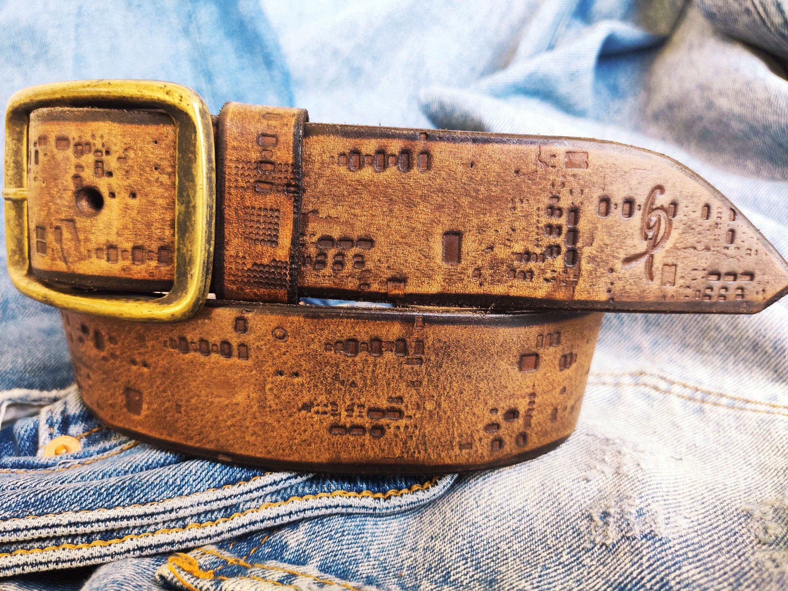 western style brown leather belt with unique design personalized gift for him and her electronic stamp perfect for any occasion