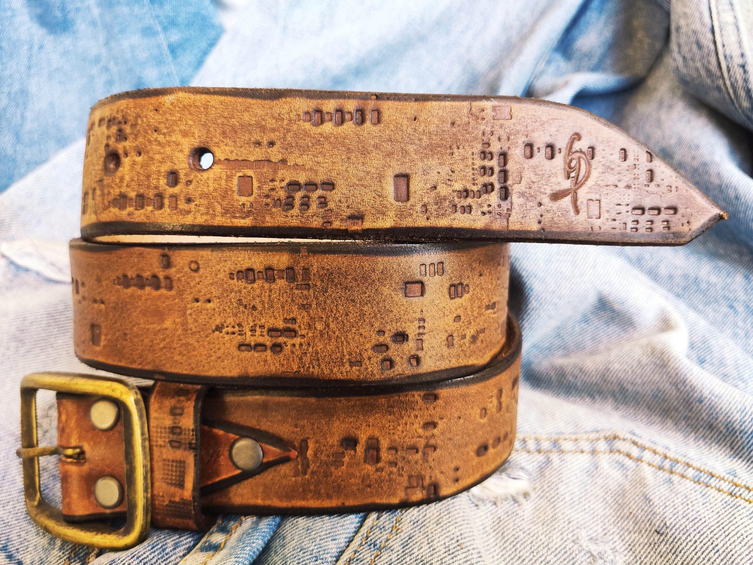 western style brown leather belt with unique design personalized gift for him and her electronic stamp perfect for any occasion