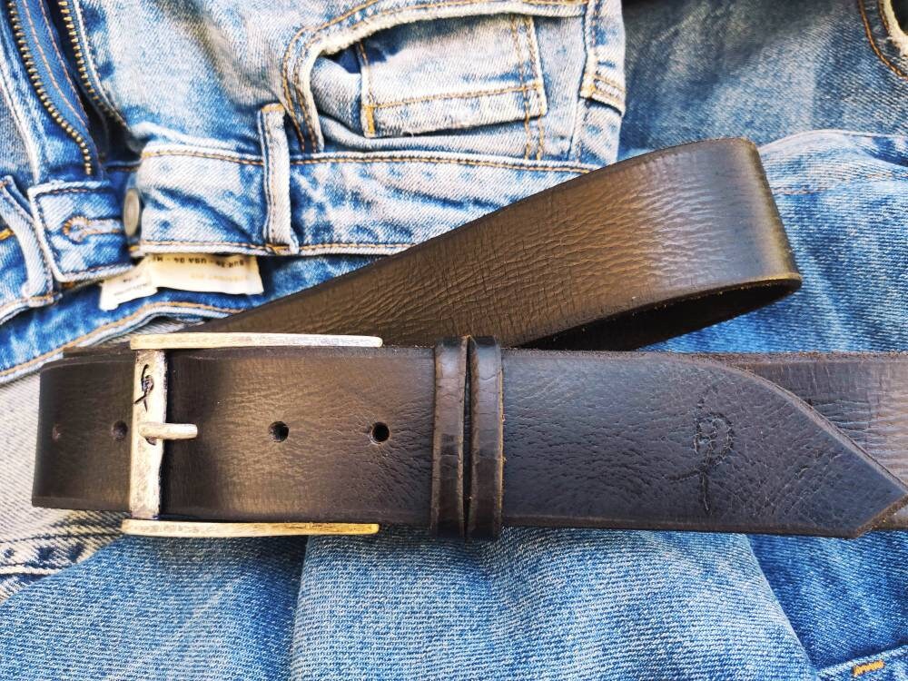 black leather mens belt with silver buckle and personalization option