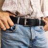 black leather mens belt with silver buckle and personalization option