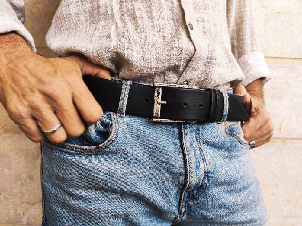 black leather mens belt with silver buckle and personalization option
