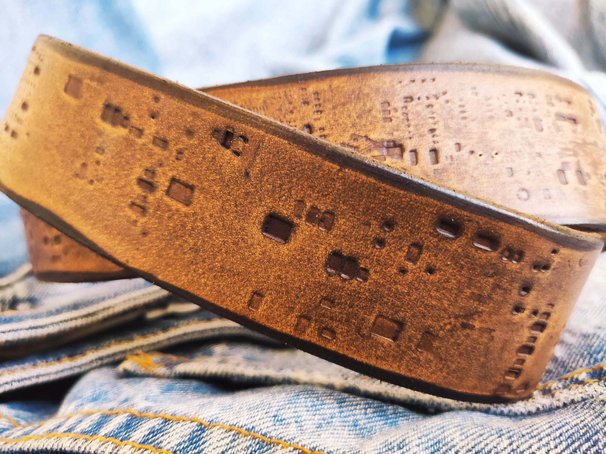 western style brown leather belt with unique design personalized gift for him and her electronic stamp perfect for any occasion