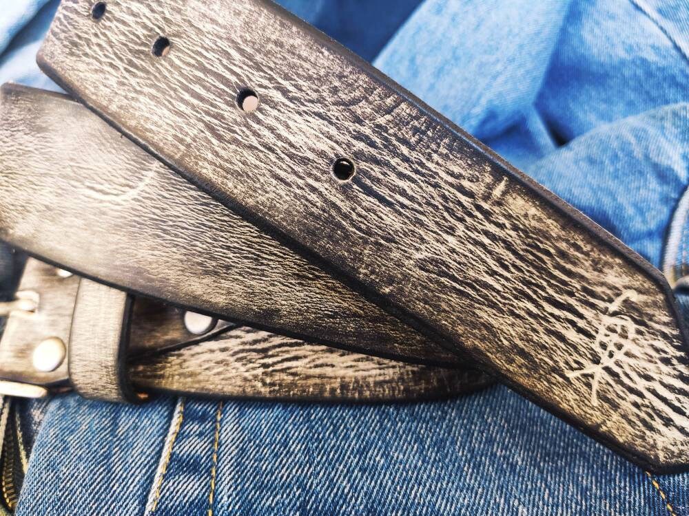 vintage mens leather belt customizable gift for him in light grey with black wash ideal for jeans