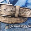 vintage mens leather belt customizable gift for him in light grey with black wash ideal for jeans