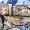 vintage mens leather belt customizable gift for him in light grey with black wash ideal for jeans