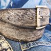 vintage mens leather belt customizable gift for him in light grey with black wash ideal for jeans