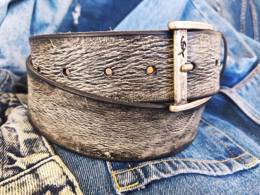 vintage mens leather belt customizable gift for him in light grey with black wash ideal for jeans