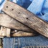 vintage mens leather belt customizable gift for him in light grey with black wash ideal for jeans