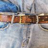 brown leather belt for guitarists two tone design pick storage and bronze studs brown leather belt for guitarists two tone design pick storage and bronze studs