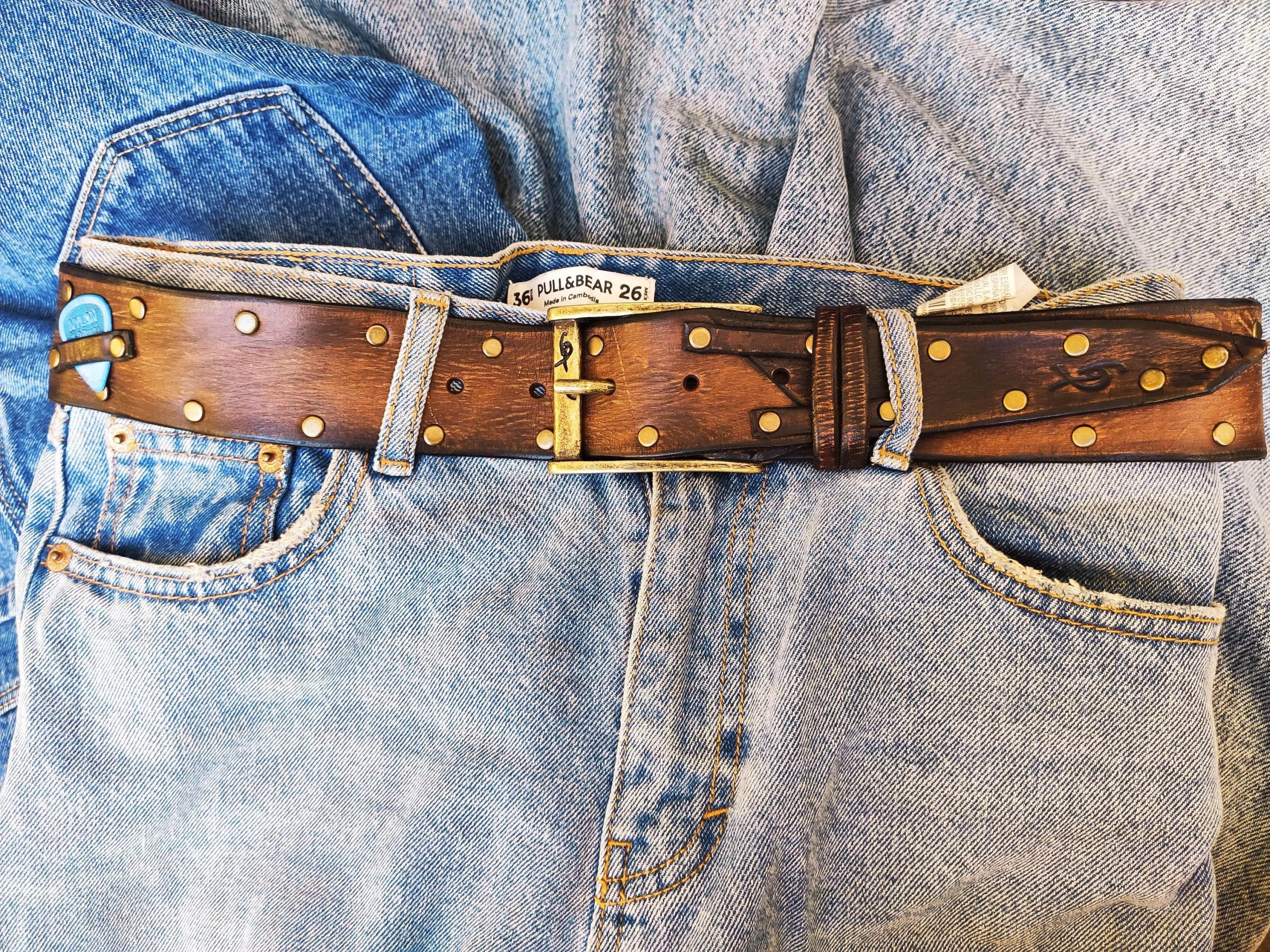 brown leather belt for guitarists two tone design pick storage and bronze studs brown leather belt for guitarists two tone design pick storage and bronze studs