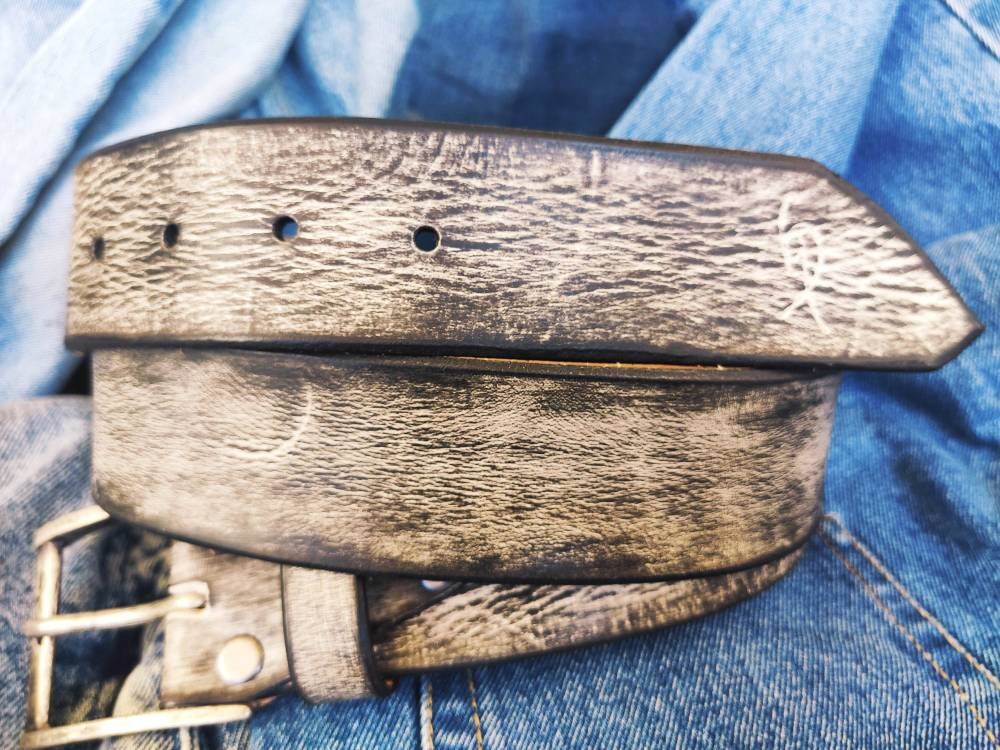 vintage mens leather belt customizable gift for him in light grey with black wash ideal for jeans