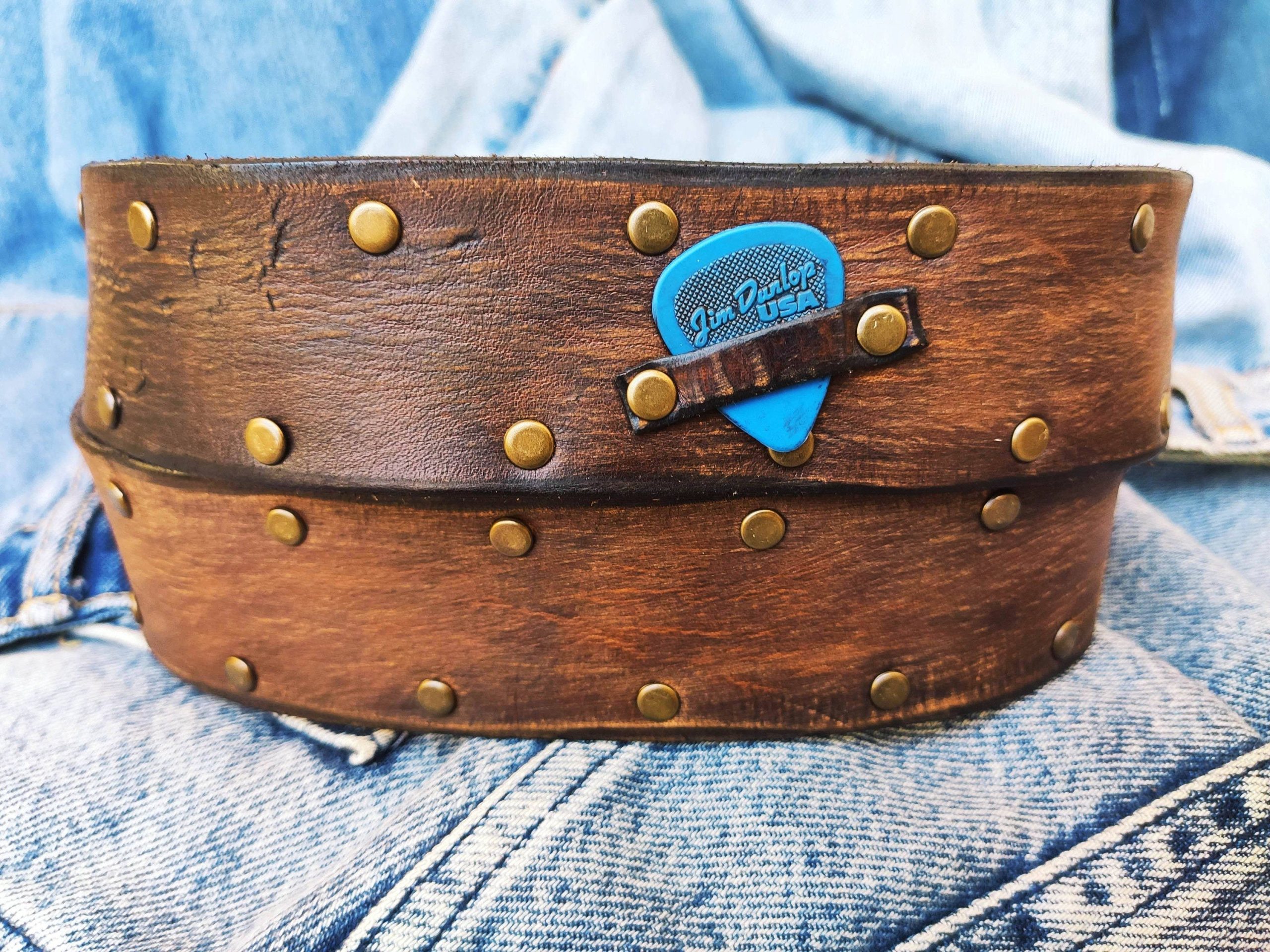 brown leather belt for guitarists two tone design pick storage and bronze studs brown leather belt for guitarists two tone design pick storage and bronze studs