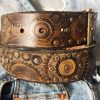 handmade leather belt steampunk style with gears 4.2 cm wide brown with silver & brass accents perfect for bikers handmade leather belt steampunk style with gears 4.2 cm wide brown with silver & brass accents perfect for bikers