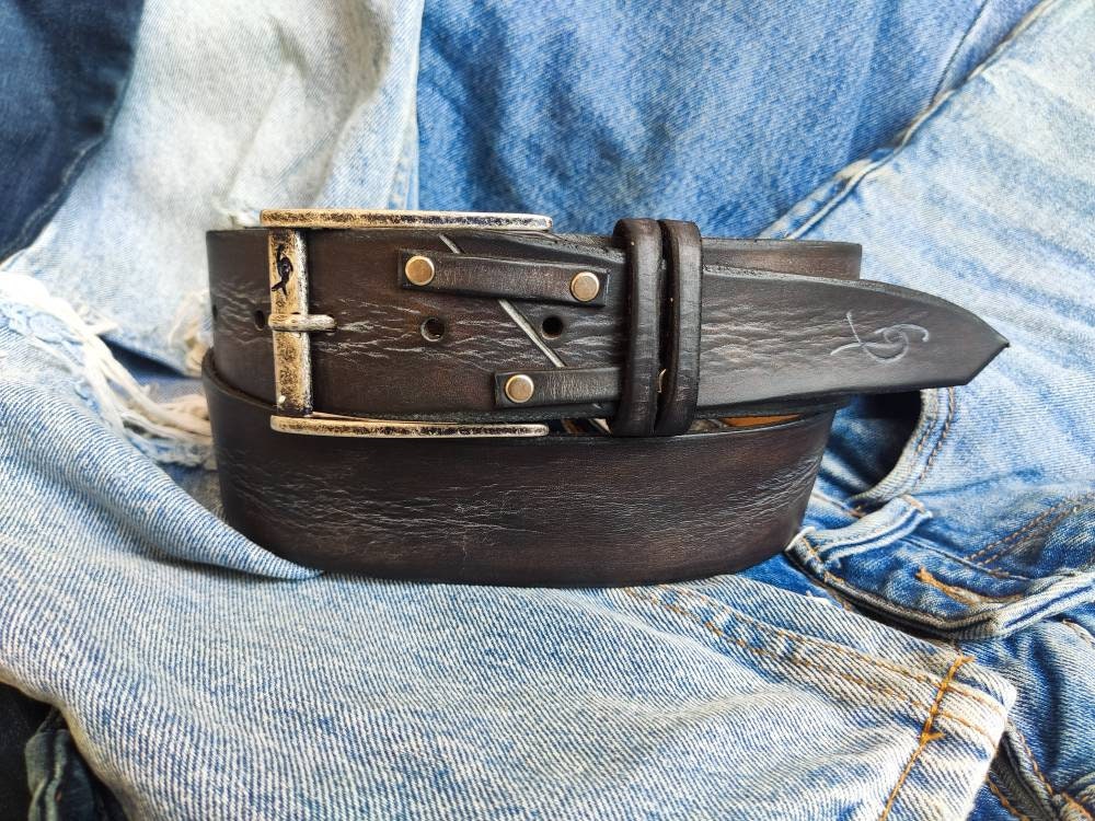 western style leather belt in dark brown with gray wash and buckle by ishaor perfect for mens jeans