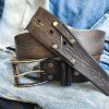 western style leather belt in dark brown with gray wash and buckle by ishaor perfect for mens jeans