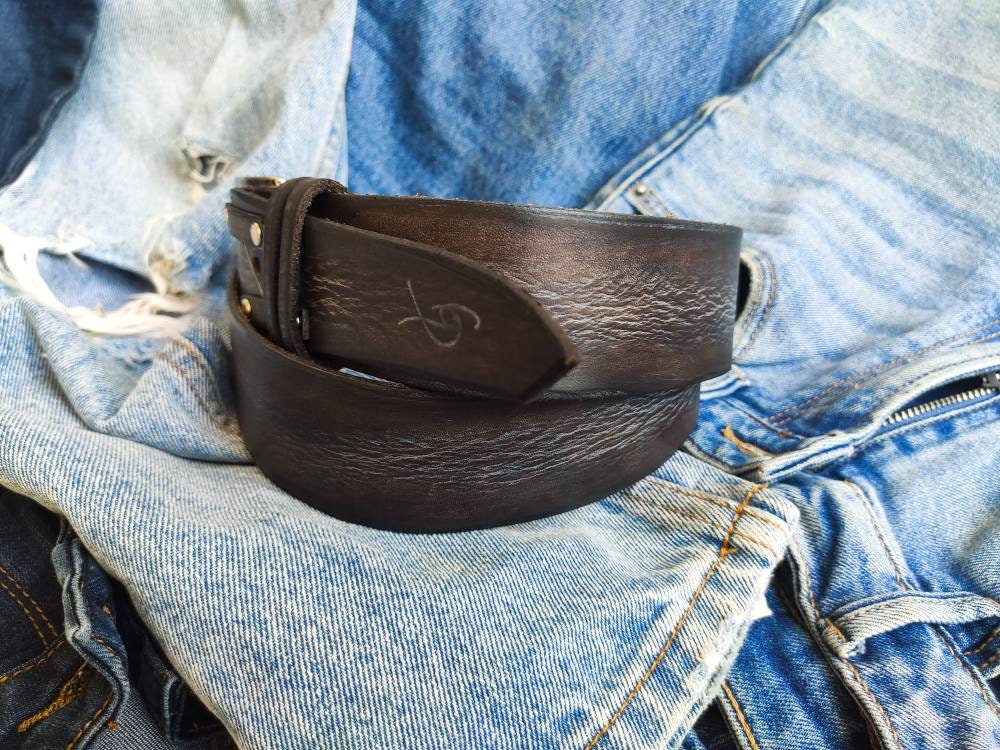 western style leather belt in dark brown with gray wash and buckle by ishaor perfect for mens jeans