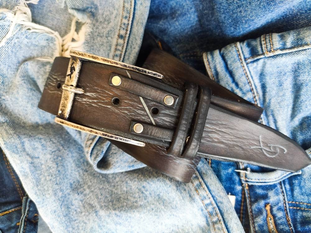 western style leather belt in dark brown with gray wash and buckle by ishaor perfect for mens jeans