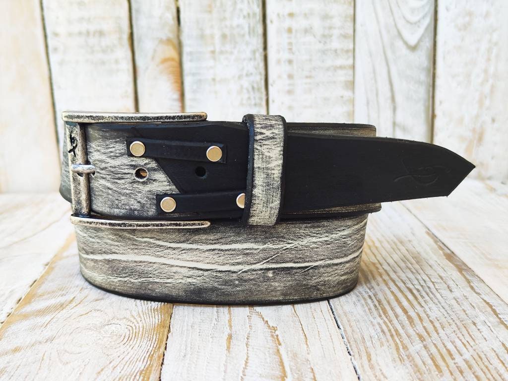 handmade white leather belt with black wash unique double strap design ishaor