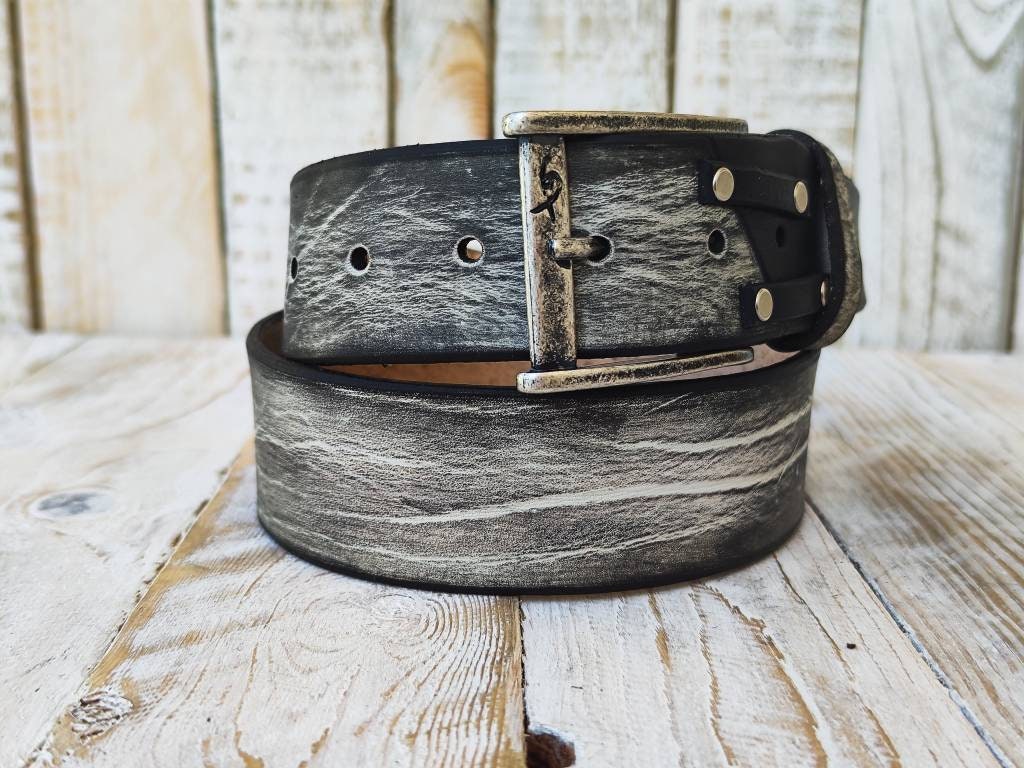 handmade white leather belt with black wash unique double strap design ishaor