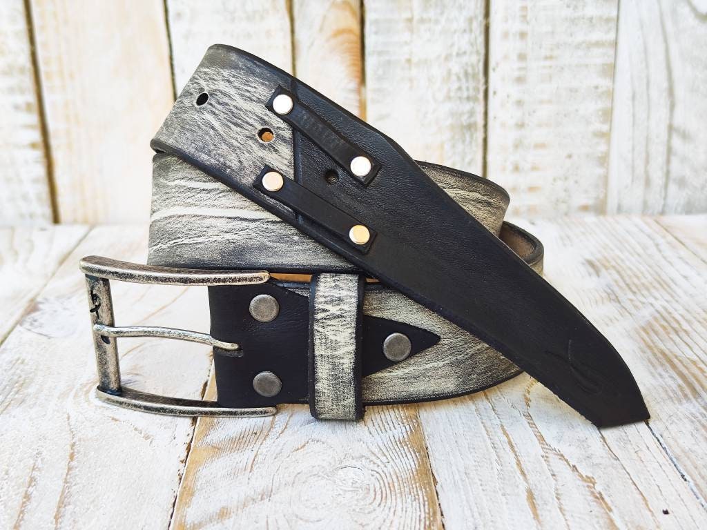 handmade white leather belt with black wash unique double strap design ishaor