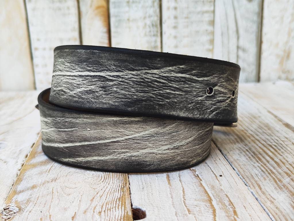 handmade white leather belt with black wash unique double strap design ishaor