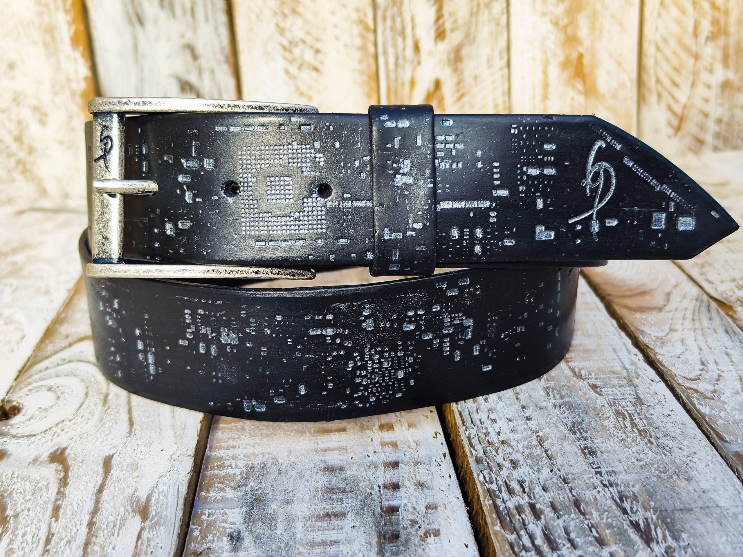 black leather belt with silver e stamp and silver removable buckle by ishaor