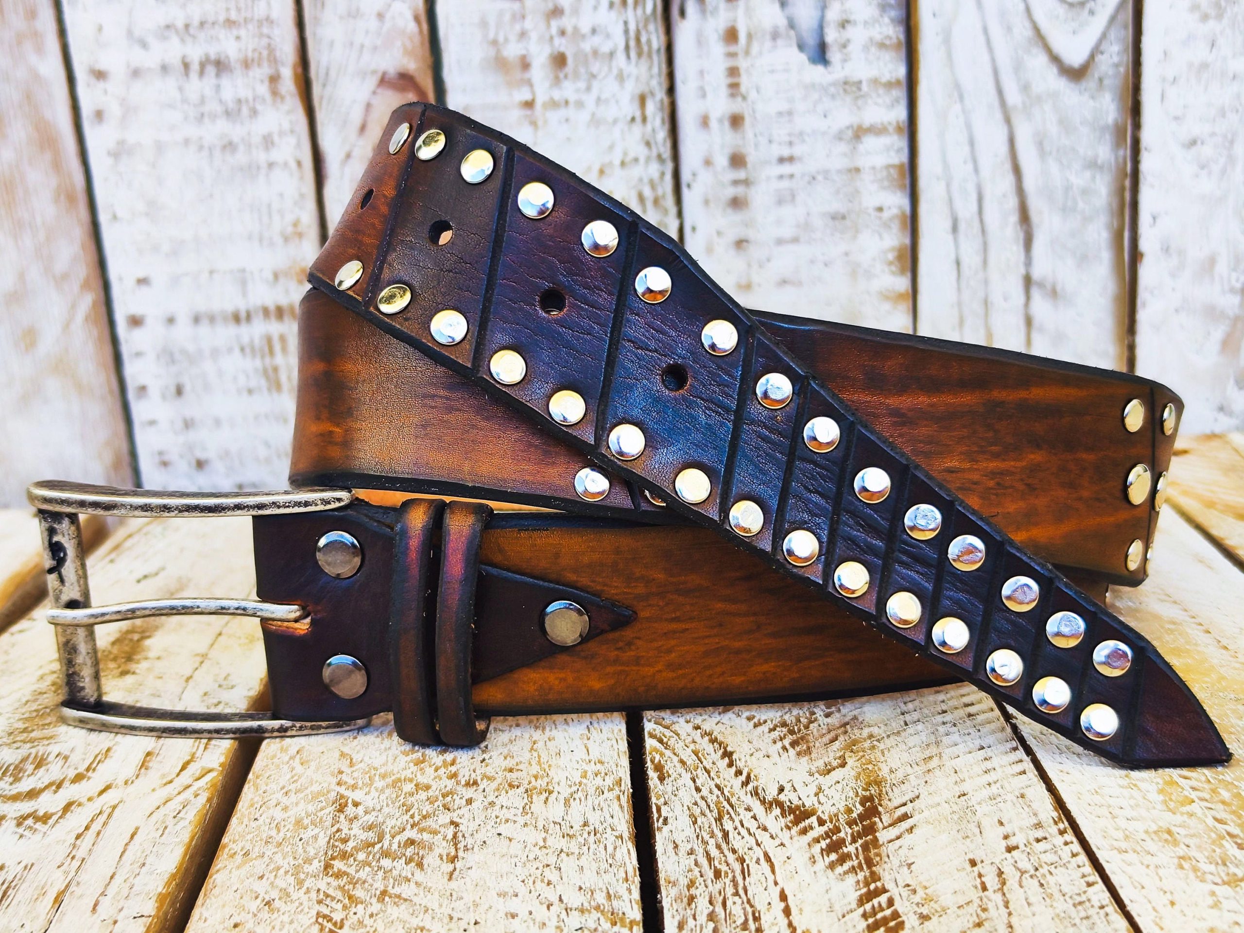 brown leather rodeo rock belt handcrafted with silver buckle mens accessory