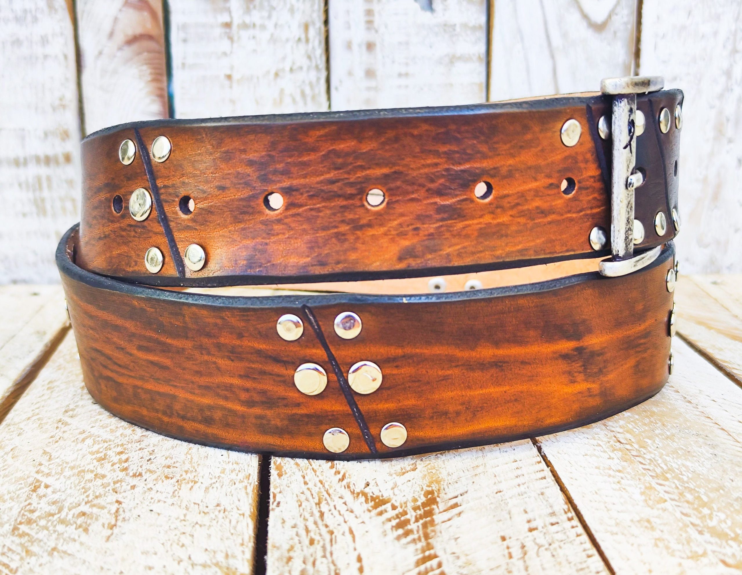 brown leather rodeo rock belt handcrafted with silver buckle mens accessory