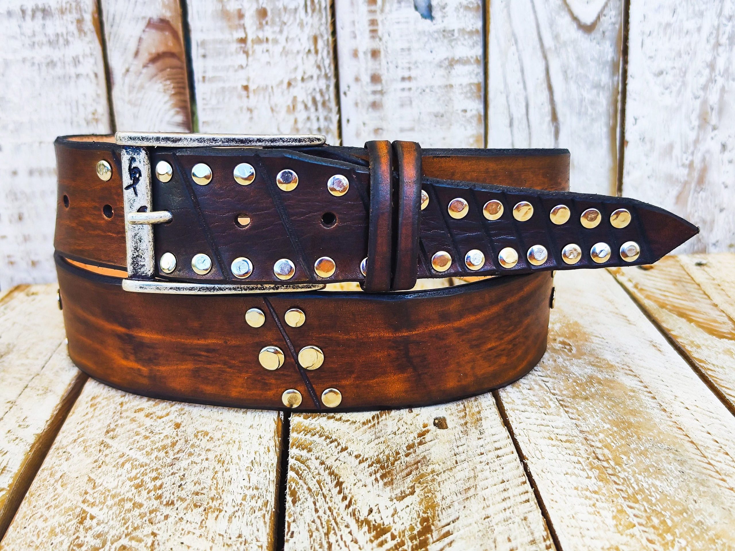 brown leather rodeo rock belt handcrafted with silver buckle mens accessory